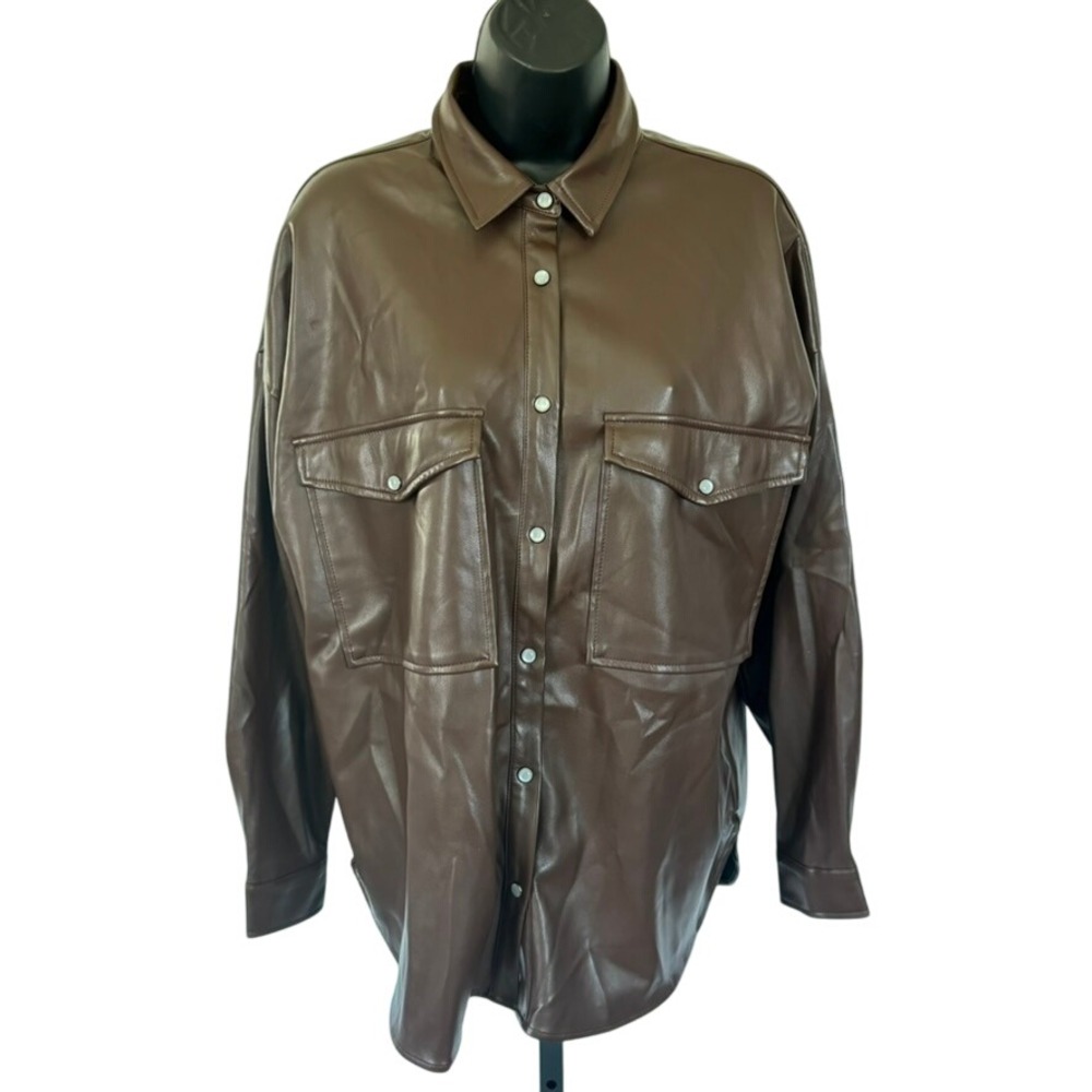 Acoa Faux Leather Shacket Sz S Brown Pearl Snap Western 90's Baggy Oversized